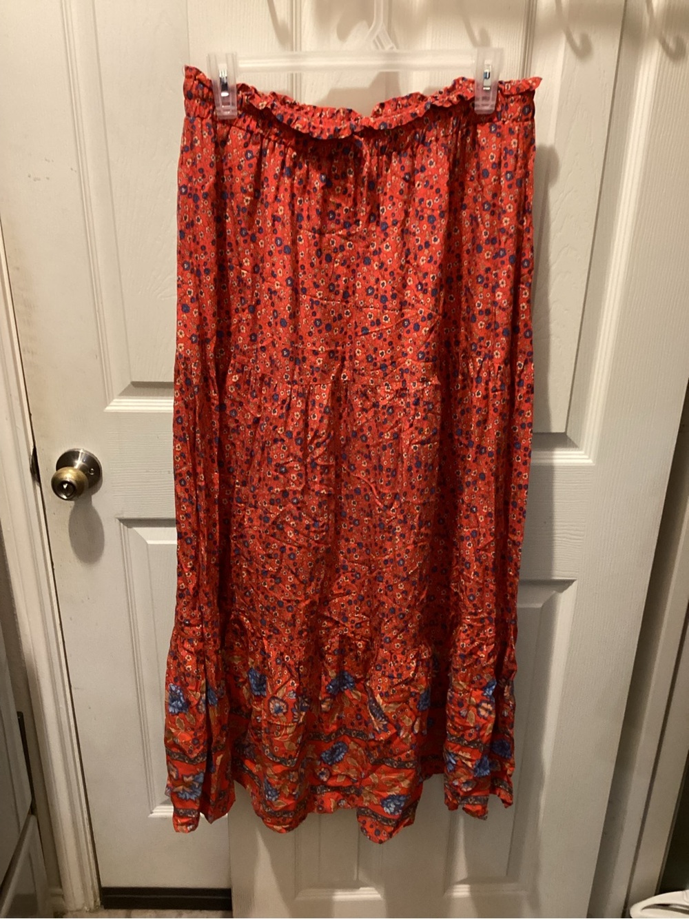 Women's Red Floral Tiered Maxi Skirt - Lightweight Boho Style